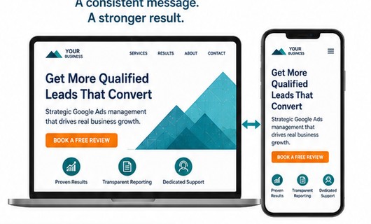 Laptop and mobile mockup showing a consistent landing page message