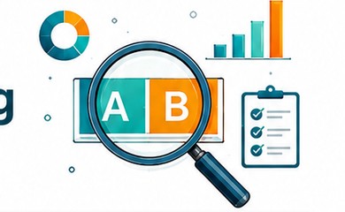 A/B testing flask and magnifying glass illustration
