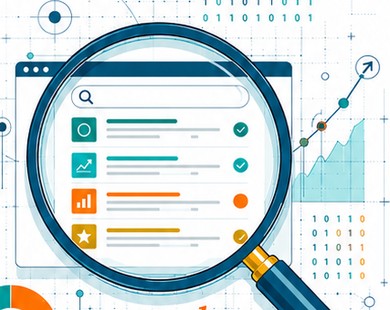 Magnifying glass over a checklist and charts illustration