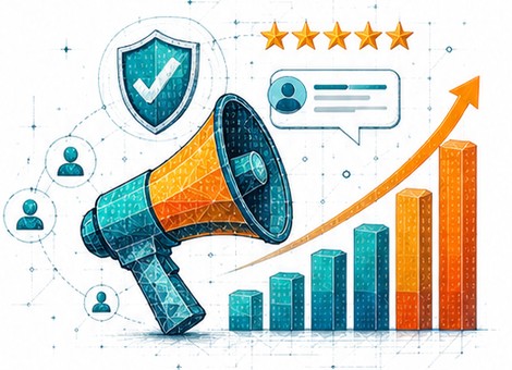 Megaphone with stars and a growth chart illustration