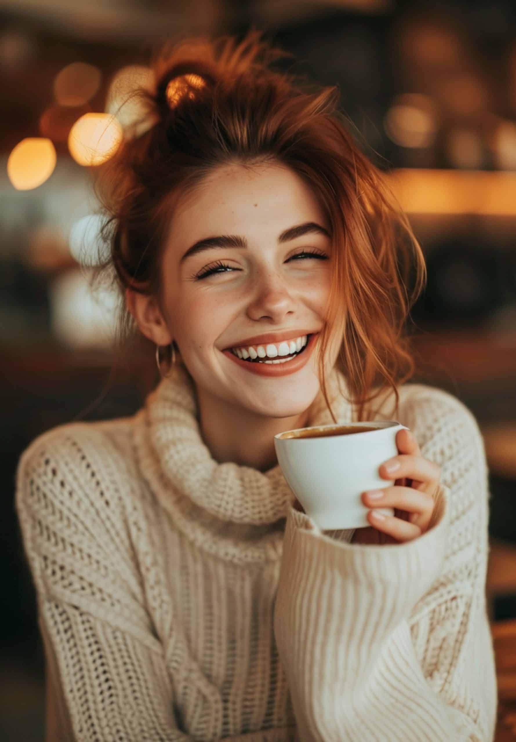 lady smiling with a cuppa coffee